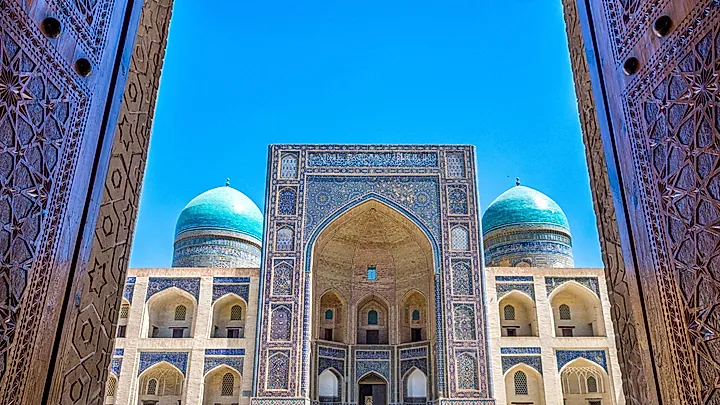 Buhara, Uzbekistan Aerial view of Mir-i-Arab Madrasa Kalyan minaret and Poi Kalyan Mosque. 